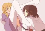  2girls black_skirt blonde_hair blush closed_mouth collared_dress collared_shirt commentary_request contrast_collar dress embarrassed eye_contact hugging_another's_leg juliet_sleeves long_hair long_sleeves looking_at_another maribel_hearn medium_hair missing_headwear multiple_girls necktie open_mouth pantyhose puffy_sleeves purple_dress red_necktie shirt shirt_tucked_in skirt sleeve_garter smile sweatdrop touhou unagi_sango usami_renko white_pantyhose white_shirt yellow_eyes yuri 