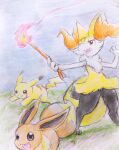 2018 ambiguous_anthro ambiguous_feral ambiguous_gender anthro big_tail biped braixen canid colored_pencil_(artwork) colored_sketch digitigrade dipstick_tail eevee eiroru elemental_manipulation featureless_crotch feral fire fire_manipulation flat_chested front_view full-length_portrait generation_1_pokemon generation_6_pokemon graphite_(artwork) group hi_res holding_object holding_stick japanese_description mammal markings nintendo open_:3 open_mouth open_smile outside pikachu pokemon pokemon_(species) portrait quadruped running simple_background sketch smile snout standing stick tail tail_markings tongue traditional_media_(artwork) translated_description trio