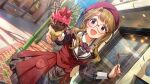  1girl :d beret bespectacled blush brown_hair card_commentary commentary_request day dutch_angle food fruit game_asset glasses hat holding holding_food holding_ice_cream holding_ice_cream_cone holding_spoon ice_cream ice_cream_cone idolmaster idolmaster_million_live! idolmaster_million_live!_theater_days incoming_food looking_at_viewer miyao_miya official_alternate_costume official_alternate_hairstyle official_art open_mouth outdoors purple_eyes red_hat red_skirt red_vest round_eyewear sidelocks skirt smile solo spoon standing strawberry thick_eyebrows third-party_source vest 