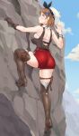  absurdres alternate_costume ass atelier_(series) atelier_ryza atelier_ryza_3 boots brown_boots brown_eyes brown_gloves brown_hair gloves hat highres looking_up official_alternate_costume red_shorts redkite333 reisalin_stout rock_climbing shorts sweat thigh_boots thighs white_hat 