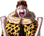  1boy animal_print cape clenched_hands colored_tongue cyclops hands_up jogo_(jujutsu_kaisen) jujutsu_kaisen leopard_print looking_up male_focus meme one-eyed open_mouth purple_tongue red_eyes simple_background solo white_background xvx_cooldude69_xvx 