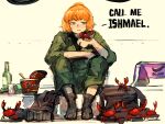  1girl absurdres alcohol bag beer boots bottle crab freckles green_eyes highres instant_cup_noodles instant_noodles ishmael_(project_moon) limbus_company orange_hair project_moon short_hair socks the_g_(bhu204) 