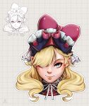  1girl armor black_armor blonde_hair blue_eyes bow fire_emblem fire_emblem_engage frilled_headwear hair_over_one_eye highres looking_at_viewer marni_(fire_emblem) max_art149 pink_bow red_armor two-tone_headwear 