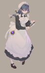  1girl absurdres apron black_dress black_hair black_shoes blue_eyes braid dress full_body grey_background hair_ribbon hat highres holding holding_knife hololive hololive_english kitchen_knife knife long_hair looking_at_viewer low_twin_braids maid_apron mary_janes mob_cap official_alternate_costume official_alternate_hairstyle open_mouth ouro_kronii ouro_kronii_(maid) pantyhose pocket_watch ribbon shoes simple_background solo standing twin_braids watch white_apron white_pantyhose white_ribbon yangg78174015 