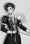  1boy absurdres arrow_(projectile) bow_(weapon) claude_von_riegan closed_mouth commentary dark-skinned_male dark_skin english_commentary fire_emblem fire_emblem:_three_houses garreg_mach_monastery_uniform highres holding holding_bow_(weapon) holding_weapon inktober long_sleeves looking_at_viewer male_focus max_art149 short_hair weapon 