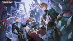  3boys belt belt_pouch blonde_hair blue_eyes camu_(pgr) candle candlestand cape card castle commentary desk_lamp dinosaur_skeleton english_commentary grey_hair highres horns jacket kamui_(pgr) lamp lee_(pgr) looking_at_viewer multiple_boys official_art open_clothes open_jacket picture_frame playing_card pouch punishing:_gray_raven purple_eyes scabbard sheath single_horn sword table tablecloth tree weapon yellow_eyes 