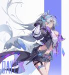  1girl absurdres bare_shoulders black_shorts chinese_commentary commentary_request drill_hair drill_ponytail eyewear_on_head furioso gradient-tinted_eyewear grey_eyes grey_hair hair_between_eyes highres honkai:_star_rail honkai_(series) jacket long_hair looking_at_viewer mechanical_gloves one_eye_closed open_clothes open_jacket purple-tinted_eyewear shorts silver_wolf_(honkai:_star_rail) silver_wolf_(lv.999)_(honkai:_star_rail) solo tinted_eyewear 