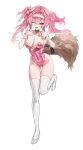  1girl absurdres alternate_costume animal_ears blush bow breasts collarbone commentary covered_navel dog_ears earrings fake_animal_ears hair_between_eyes hair_bow hairband high_heels highleg highleg_leotard highres jewelry leotard looking_at_viewer lupa_(wuthering_waves) medium_breasts one_eye_closed open_mouth paw_pose pink_bow pink_hair pink_hairband pink_leotard shoes simple_background smile solo sonchi standing standing_on_one_leg strapless strapless_leotard tail thigh_gap thighhighs thighs twintails untranslatable_commentary white_background white_shoes white_thighhighs wolf_tail wrist_cuffs wuthering_waves yellow_eyes 