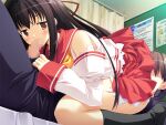  1boy 1girl 69 akisoba bed black_hair blush brown_eyes censored circus_(studio) detached_sleeves fellatio game_asset girl_on_top hiiragi_matsuri_(rpg_gakuen) jitome long_hair mosaic_censoring multicolored_skirt non-web_source oral penis rpg_gakuen sailor_collar shy skirt 