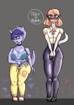absurd_res annoyed anthro artist_name big_breasts biped black_bra black_clothing black_underwear blonde_hair blush bone_frill bottomwear bow_tie bra breasts ceratopsian ceratopsid chasmosaurine choker clothed clothed_anthro clothed_female clothing collar collared_shirt colored comparison dinosaur dress_shirt duo english_text eyewear facial_horn female filiobtd fingers freckled_breasts freckled_hips freckled_shoulders freckles frill_(anatomy) front_view glasses goodbye_volcano_high green_eyes grey_background grey_bottomwear grey_clothing grey_pants hadrosaurid hair heart_symbol hi_res holding_collar holding_object horn humanoid_hands jewelry ko_op_(game_developer) larger_female looking_aside marginocephalian markings medium_hair naomi_(gvh) necklace non-mammal_breasts orange_body ornithischian ornithopod pants parasaurolophus pink_bow_tie prehistoric_species pubes purple_body purple_eyes purple_hair reptile scalie shaded shirt short_hair shorter_anthro shortstack simple_background size_difference small_breasts smaller_female smile spiked_tail spikes spikes_(anatomy) standing striped_markings stripes sweatpants tail taller_anthro tan_body text thick_thighs topwear translucent translucent_clothing translucent_topwear triceratops trish_(gvh) underwear watermark white_clothing white_shirt white_topwear wide_hips yellow_bottomwear yellow_clothing yellow_pants yellow_sweatpants