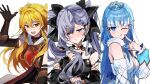  3girls black_dress black_gloves blonde_hair blue_eyes blue_hair blue_nails blush carternanmen dress elbow_gloves gloves grey_hair highres holoh3roes hololive hololive_indonesia holoro kaela_kovalskia kaela_kovalskia_(4th_costume) kobo_kanaeru kobo_kanaeru_(5th_costume) looking_at_viewer multiple_girls nail_polish official_alternate_costume one_eye_closed pavolia_reine pavolia_reine_(1st_costume) purple_eyes red_eyes red_shirt shirt sidelocks twintails vestia_zeta vestia_zeta_(5th_costume) virtual_youtuber white_dress 