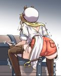  1girl ass atelier_(series) atelier_ryza atelier_ryza_3 beret breasts brown_eyes brown_hair coat commentary_request earrings floating_earrings halter_shirt halterneck hat jewelry large_breasts open_clothes open_coat opening red_shorts reisalin_stout scomscroll short_hair shorts solo spread_legs squatting thighs treasure_chest trembling white_hat 