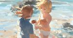  1boy 1girl beach blonde_hair blue_shirt bracelet braid camisole closed_mouth commentary crab crown_braid earrings flower green_eyes highres holding jewelry link necklace orange_camisole pointy_ears princess_zelda shell shirt short_hair standing starfish_necklace the_legend_of_zelda the_legend_of_zelda:_tears_of_the_kingdom untranslatable_commentary white_flower yumiyumo3o 