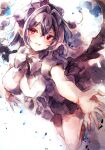  1girl absurdres bird_wings black_bow black_bowtie black_hair black_skirt black_wings blush bow bowtie breasts commentary hair_between_eyes hat highres kamu_kotan large_breasts looking_at_viewer open_mouth pointy_ears pom_pom_(clothes) puffy_short_sleeves puffy_sleeves reaching reaching_towards_viewer red_eyes red_hat shameimaru_aya shirt short_sleeves skirt smile solo tokin_hat touhou traditional_media white_shirt wings 
