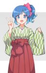 1girl :d aikatsu! aikatsu!_(series) blue_eyes blue_hair bow commentary_request cowboy_shot green_kimono hair_bow hakama hakama_skirt hands_up highres japanese_clothes kimono kiriya_aoi long_hair looking_at_viewer nokita_(pinmisil) open_mouth pink_bow pleated_skirt red_skirt side_ponytail simple_background skirt smile solo standing v wide_sleeves 