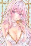  1girl :o aqua_background arm_at_side blush breasts commentary cookie crossed_bangs dot_nose double-parted_bangs dress food hananagi_honoka hand_up heart heart-shaped_cookie heart-shaped_food highres holding holding_cookie holding_food large_breasts long_hair looking_at_viewer marker_(medium) original parted_lips pink_hair pom_pom_(clothes) purple_eyes sleeveless sleeveless_dress solo spaghetti_strap straight_hair traditional_media upper_body valentine white_dress 