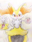 2018 ambiguous_anthro ambiguous_gender ambiguous_human anthro big_tail biped blush braixen canid colored_pencil_(artwork) eiroru flat_chested front_view generation_6_pokemon gesture graphite_(artwork) hand_gesture hi_res holding_scarf human japanese_description looking_at_viewer mammal nintendo open_:3 open_mouth open_smile pictographics pokemon pokemon_(species) portrait rear_view scarf simple_background smile solo standing tail thought_bubble three-quarter_portrait thumbs_up traditional_media_(artwork) translated_description