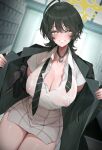  1girl black_hair black_jacket black_necktie blue_archive blush breasts cleavage collared_shirt colored_nipples commentary_request covered_nipples dishwasher1910 fuyu_(blue_archive) grey_skirt gun halo handgun highres jacket large_breasts looking_at_viewer miniskirt mole mole_under_eye necktie open_clothes open_jacket see-through_clothes see-through_shirt shirt shirt_tucked_in short_hair skirt smile twitter_username weapon white_shirt yellow_eyes yellow_halo 