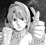  1girl absurdres black_ribbon drink gundam hair_intakes hair_ribbon highres holding holding_drink kamiina_botan kamiina_botan_yoeru_sugata_wa_yuri_no_hana kamille_bidan long_hair looking_at_viewer mecha_pilot_suit open_mouth parody ribbon scene_reference smile somechime_(sometime1209) two_side_up zeta_gundam 