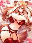  1girl alternate_breast_size_(larger) alternate_costume animal_ear_fluff animal_ears bare_arms bare_shoulders blush bra breasts brown_hair cleavage commentary_request commission curvy double-parted_bangs flower gigantic_breasts groin hair_between_eyes hair_ribbon hands_up highres iwashi_80 long_hair looking_at_viewer lying navel on_back on_bed open_mouth panties pink_flower pink_rose raccoon_ears raccoon_girl raccoon_tail raphtalia red_bra red_eyes red_garter_belt red_panties red_ribbon red_thighhighs ribbon rose skeb_commission skindentation solo stomach tail tate_no_yuusha_no_nariagari thick_thighs thighhighs thighs underwear wide_hips 