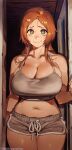  bleach breasts cleavage crema_(cremasane) dolphin_shorts doorway drawstring grey_shorts highres inoue_orihime large_breasts midriff navel nervous_sweating orange_eyes plump pov pov_doorway shorts spaghetti_strap sweat tank_top thighs tied_drawstring 