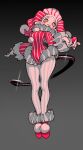  1girl arched_back ball black_tail boots closed_mouth copyright_request demon_tail frilled_sleeves frills full_body glint gradient_background hat highres holding holding_ball jester jester_cap legs_together leotard looking_at_viewer narrow_waist pantyhose pointy_ears pom_pom_(clothes) red_boots simple_background standing striped_clothes striped_pantyhose tail white_facepaint wide_sleeves yellow_eyes ztoriataming 