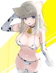  1girl absurdres alternate_costume animal_ears animal_print arknights arknights:_endfield bell bikini bird_ears bird_girl black_choker blue_eyes bottle breasts choker cow_print cow_print_bikini cow_print_gloves cow_print_thighhighs cowbell cowboy_shot elbow_gloves gloves grey_hair highres holding holding_bottle large_breasts long_hair navel neck_bell open_mouth perlica_(arknights) print_bikini print_gloves print_thighhighs skindentation solo spam_(spamham4506) swimsuit thigh_gap thighhighs two-tone_background 