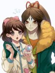  1boy 1girl arm_around_shoulder blue_eyeshadow bow brown_eyes brown_hair colored_sclera commentary_request eyeshadow fur-trimmed_jacket fur_trim green_jacket hair_bow highres jacket kodama_fumika long_hair looking_at_viewer makeup oogama_(youkai_watch) open_mouth pale_skin pink_bow ponytail red_eyes simple_background teeth upper_teeth_only white_background white_jacket yagne_yokai yellow_sclera youkai_(youkai_watch) youkai_watch 