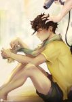  1boy absurdres brown_hair claude_von_riegan closed_mouth dark-skinned_male dark_skin earrings fire_emblem fire_emblem:_three_houses green_eyes hair_dryer highres jewelry male_focus max_art149 shirt short_hair yellow_shirt 