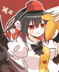  1girl bird_wings black_bow black_bowtie black_hair black_wings blush bow bowtie closed_mouth collared_shirt commentary_request hat holding looking_at_viewer medium_hair pointy_ears pom_pom_(clothes) puffy_short_sleeves puffy_sleeves red_eyes red_hat shameimaru_aya shirt short_sleeves smile solo tokin_hat touhou upper_body wakana1327 white_shirt wings 
