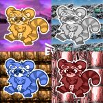 2026 ambiguous_gender blue_body blue_eyes blue_fur brown_eyes esti_esti_esti feral funi_raccoon_game fur grey_body grey_eyes grey_fur hi_res mammal orange_body orange_fur outline procyonid raccoon sitting smile sticker tail white_outline