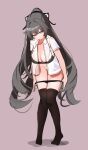  1girl absurdres black_bra black_panties black_thighhighs bra breasts bronya_zaychik bronya_zaychik_(silverwing:_n-ex) commentary_request dr3amoon grey_eyes grey_hair highres honkai_(series) honkai_impact_3rd korean_commentary large_breasts long_hair looking_at_viewer no_shoes panties panty_pull shirt simple_background smile solo thighhighs underwear undressing very_long_hair white_shirt 