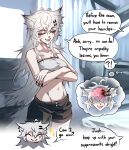  !? 1girl ^_^ animal_ear_fluff animal_ears arknights black_nails black_shorts brain breasts closed_eyes closed_mouth collarbone commentary crossed_arms curtains english_commentary english_text fingernails grey_hair grey_tube_top hair_ornament hairclip highres lappland_(arknights) long_hair material_growth medium_breasts messy_hair midriff nail_polish navel open_mouth oripathy_lesion_(arknights) parallel_hairclips parted_lips scar scar_across_eye scar_on_face sharp_teeth short_shorts shorts sparkle speech_bubble spoken_interrobang stomach strapless tail teeth thought_bubble tofusquisha tube_top upper_teeth_only very_long_hair wolf_ears wolf_girl wolf_tail x-ray 