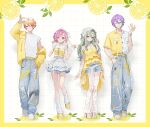  2boys 2girls :o adjusting_eyewear arm_up arm_warmers asymmetrical_sidelocks belt belt_buckle blonde_hair blue_hair blunt_bangs border breast_pocket breasts buckle buttons closed_mouth collared_shirt commentary_request double-parted_bangs earrings fingernails flower food food-themed_hair_ornament fruit full_body gradient_hair grid_background hair_ornament hair_ribbon hairclip hand_in_pocket hands_up high_heels highres jewelry kamishiro_rui kusanagi_nene layered_clothes leg_warmers lemon lemon_hair_ornament lemon_slice long_hair looking_at_viewer multicolored_hair multiple_boys multiple_girls multiple_hairclips one_eye_closed ootori_emu open_collar orange_eyes orange_hair pants pink_eyes pink_hair pocket project_sekai purple_eyes purple_hair ribbon shirt shoes short_hair shorts sidelocks smile standing streaked_hair tenma_tsukasa two-tone_hair white_shirt white_shoes wonderlands_x_showtime_(project_sekai) yellow_belt yellow_border yellow_eyes yellow_nails yuu_(higashi_no_penguin) 