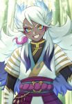  1boy black_wings blue_sclera byakko_(youkai_watch) colored_sclera grin highres long_hair looking_at_viewer smile solo white_hair wings yagne_yokai yellow_eyes youkai_(youkai_watch) youkai_watch youkai_watch_shadowside 