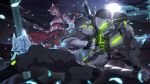  1boy 1girl absurdres armor black_hair bodysuit commentary_request cyborg fingerless_gloves fox_mask full_moon genji_(overwatch) gloves glowing glowing_eyes green_eyes green_hair hakama highres holding holding_weapon japanese_clothes katana kimono kiriko_(overwatch) kunai mask moon muscular neon_trim night ninja open_mouth outdoors overwatch pants ponytail power_armor red_gloves sheath shuriken sky sushispin sword weapon weapon_on_back white_kimono 