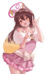  1girl absurdres animal_ears blue_archive breasts brown_hair capelet cleavage collarbone commentary_request cowboy_shot double_fox_shadow_puppet dress fang fox_ears fox_girl fox_shadow_puppet fox_tail frilled_dress frills fur_capelet halo highres izuna_(blue_archive) izuna_(dress)_(blue_archive) leaning_to_the_side long_hair looking_at_viewer manjie medium_breasts official_alternate_costume open_mouth orange_eyes pink_dress simple_background skin_fang solo standing tail white_background 