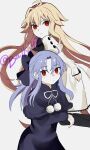  2girls antenna_hair arcueid_brunestud black_bow black_capelet black_dress blonde_hair bow buttons capelet curtained_hair dress dress_bow eco-arc empty_eyes floating_hair frilled_dress frills hair_intakes highres len_(tsukihime) long_hair long_sidelocks looking_at_viewer melty_blood melty_blood:_twi-lumina melty_blood:_type_lumina multiple_girls pointy_ears pom_pom_(clothes) sidelocks tsukihime tsukihime_(remake) white_background white_dress 
