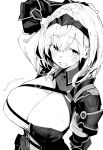  1girl arm_up armor breasts cleavage clenched_teeth commentary_request greyscale grin headpiece henyaan_(oreizm) highres hololive large_breasts looking_at_viewer monochrome shirogane_noel shirogane_noel_(1st_costume) simple_background smile solo sweat teeth upper_body virtual_youtuber white_background 