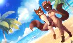 absurd_res anthro beach breasts crown duo gynomorph hand_holding headgear hi_res intersex intersex/male looking_at_viewer male palm_tree plant rainbow sand sea senz smile tree walking water