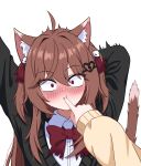  2girls :i absurdres ahoge animal_ear_fluff animal_ears arm_above_head arm_behind_head black_cardigan blush bow bowtie brown_hair cardigan cat_ears cat_girl cat_tail collared_shirt constricted_pupils english_commentary evil_neuro-sama evil_neuro-sama_(1st_costume) fang hair_intakes hair_ornament hair_ribbon highres hororin long_hair multiple_girls neuro-sama neuro-sama_(1st_costume) nose_blush open_mouth poking pov pov_hands red_bow red_bowtie red_ribbon ribbon shirt simple_background skull_hair_ornament sleeves_past_wrists solo surprised tail torn_bowtie torn_hair_ribbon two_side_up vedal_ai virtual_youtuber white_background white_shirt 