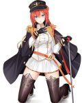  1girl absurdres azur_lane black_coat black_gloves boots breasts brown_boots coat coat_on_shoulders commentary_request epaulettes genius_1237to gloves gold_trim high_heel_boots high_heels highres jacket kneeling large_breasts long_hair looking_at_viewer military_uniform miniskirt monarch_(azur_lane) pleated_skirt purple_eyes red_hair simple_background skirt solo thigh_boots white_background white_jacket white_skirt zettai_ryouiki 