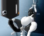 2026 abstract_background absurd_res anthro aria_(ars_machina) arms_above_head ars_machina belly bent_legs big_belly black_body black_fur bodily_fluids breasts canid canine canis claws clitoris clothing cuff_(restraint) cum cum_flow cum_inflated_belly cum_inflation cum_inside cum_tube curled_fingers digitigrade domestic_dog ears_down female fur genital_fluids genitals gimp_mask handcuffed handcuffed_to_pole handcuffs hi_res husky inflation information_label latex latex_clothing latex_mask leaking leaking_cum mammal mask metal_cuffs navel neck_tuft nipples nordic_sled_dog onomatopoeia outie_navel pink_nipples pivoted_ears reclining restraints rumbling_stomach sign sign_graphic solo sound_effects spitz spread_legs spreading text tube_in_pussy tuft vat vulva watermark white_body white_fur
