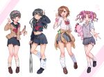  4girls :d baseball_bat black_hair black_shoes black_skirt blue_eyes bow bowtie breasts brown_cardigan brown_eyes brown_hair brown_sweater_vest cardigan collared_shirt commentary_request flower full_body gekota grey_skirt grin gyaru hair_bow hair_flower hair_ornament head_wreath highres holding holding_baseball_bat kneehighs loafers long_hair looking_at_viewer loose_socks medium_hair metal_baseball_bat midriff miniskirt misaka_mikoto multiple_girls navel open_mouth phone_in_pocket pleated_skirt pyonko red_bow red_bowtie sakugawa_school_uniform saten_ruiko school_uniform serafuku shirai_kuroko shirt shoes short_hair short_sleeves sioo_1029 skirt sleeves_rolled_up smile socks standing stomach stuffed_animal stuffed_frog stuffed_toy summer_uniform sweater_vest toaru_kagaku_no_railgun toaru_majutsu_no_index tokiwadai_school_uniform twintails uiharu_kazari v v-neck white_shirt white_socks winter_uniform 