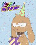 2021 ambiguous_gender animated anthro birthday blue_background bravobunny brown_body brown_fur clothing confetti floppy_ears fur gift half-length_portrait happy_birthday hat headgear headwear holding_gift holding_object lagomorph leporid lop_ears mammal multicolored_body multicolored_fur open_mouth open_smile party_hat pattern_clothing pattern_hat pattern_headgear pattern_headwear portrait rabbit simple_background smile solo spots spotted_clothing spotted_hat spotted_headgear spotted_headwear two_tone_body two_tone_fur two_tone_hat