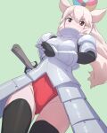  1girl animal_ears armor balloon blonde_hair brown_eyes extra_ears gloves green_background highres kemono_friends leotard long_hair looking_at_viewer lowlandgorilla rhinoceros_ears rhinoceros_girl simple_background skirt solo thighhighs white_rhinoceros_(kemono_friends) 