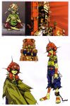  1boy absurdres barefoot beatmania_iidx bemani blue_pants chair character_request goli_matsumoto green_shirt gun handgun hat highres holding holding_gun holding_weapon male_focus multiple_views official_art pants scan science_fiction shaded_face shirt simple_background sitting third-party_source weapon white_background yellow_shirt 