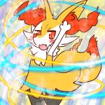 1:1 2022 ambiguous_anthro ambiguous_gender annyui0611 anthro biped blush braixen canid cute_fangs digital_drawing_(artwork) digital_media_(artwork) fangs flat_chested food generation_6_pokemon hi_res japanese_description looking_at_viewer mammal nintendo object_in_tail open_:3 open_mouth open_smile pokemon pokemon_(species) raised_arms shrimp_(food) smile snout solo standing tail teeth three-quarter_view translated_description