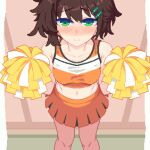  1boy 1girl animated animated_gif blush breasts brown_hair cheerleader closed_mouth clothes_in_mouth clothes_lift commentary_request disembodied_hand feet_out_of_frame green_eyes hair_ornament hairclip hands_up hanekenomichi-chan holding holding_pom_poms hurumero lifting_another's_clothes lifting_own_clothes looking_at_viewer medium_breasts mouth_hold navel nipple_flick nipple_stimulation nipples nose_blush orange_skirt orange_sports_bra original paid_reward_available parallel_hairclips pleated_skirt pom_pom_(cheerleading) shirt_lift short_hair skirt solo_focus sports_bra standing underboob 
