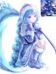  1girl blue_boots blue_eyes blue_hair blue_hat boots candy character_request commentary_request copyright_request food full_body fur-trimmed_boots fur-trimmed_headwear fur_trim hat highres holding holding_scythe ilung knee_boots korean_commentary lollipop long_hair mittens multi-tied_hair pom_pom_(clothes) scythe simple_background solo squatting triangle_print very_long_hair white_background winter_clothes 